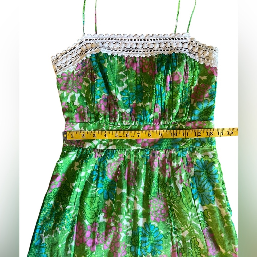 MILLY Green Pink Floral Garden Sun Dress Lace Trim *As Seen on Dexter TV* Sz 2 - Picture 11 of 14